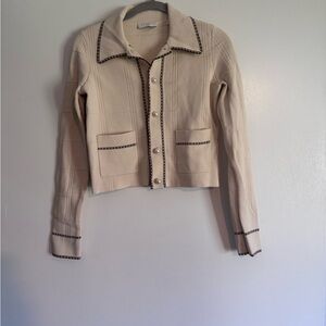 Sandro Cream Cropped Sweater with Black Trim and Pearl Buttons
